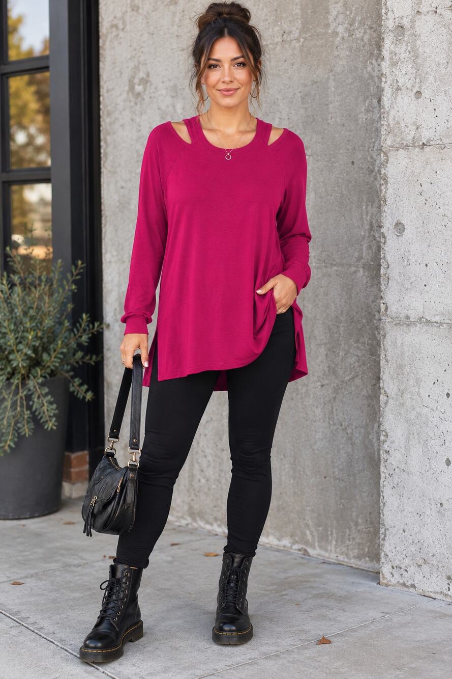 Kenneth Cole Reaction Large Fuchsia Cold Shoulder Strappy Tunic Top
